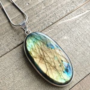Labradorite Pendant Necklace in 925 Silver on 18" Silver Snake Chain #022